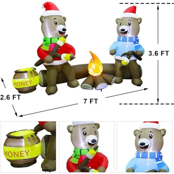 7FT Christmas Inflatable Decorations, Bears Roasting Marshmallows Over Campfire - Picture 6 of 7